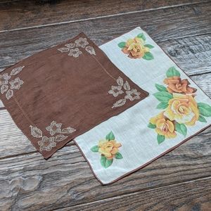 Vintage Lot of 2 Brown and Yellow Floral Hankies